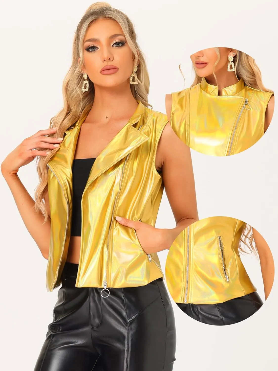 Allegra K 1980s Disco Jacket for Women's Metallic Holographic Shiny Stand Collar Sleeveless Faux Leather Vest
