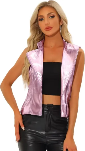Allegra K 1980s Disco Jacket for Women's Metallic Holographic Shiny Stand Collar Sleeveless Faux Leather Vest