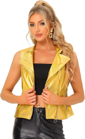Allegra K 1980s Disco Jacket for Women's Metallic Holographic Shiny Stand Collar Sleeveless Faux Leather Vest