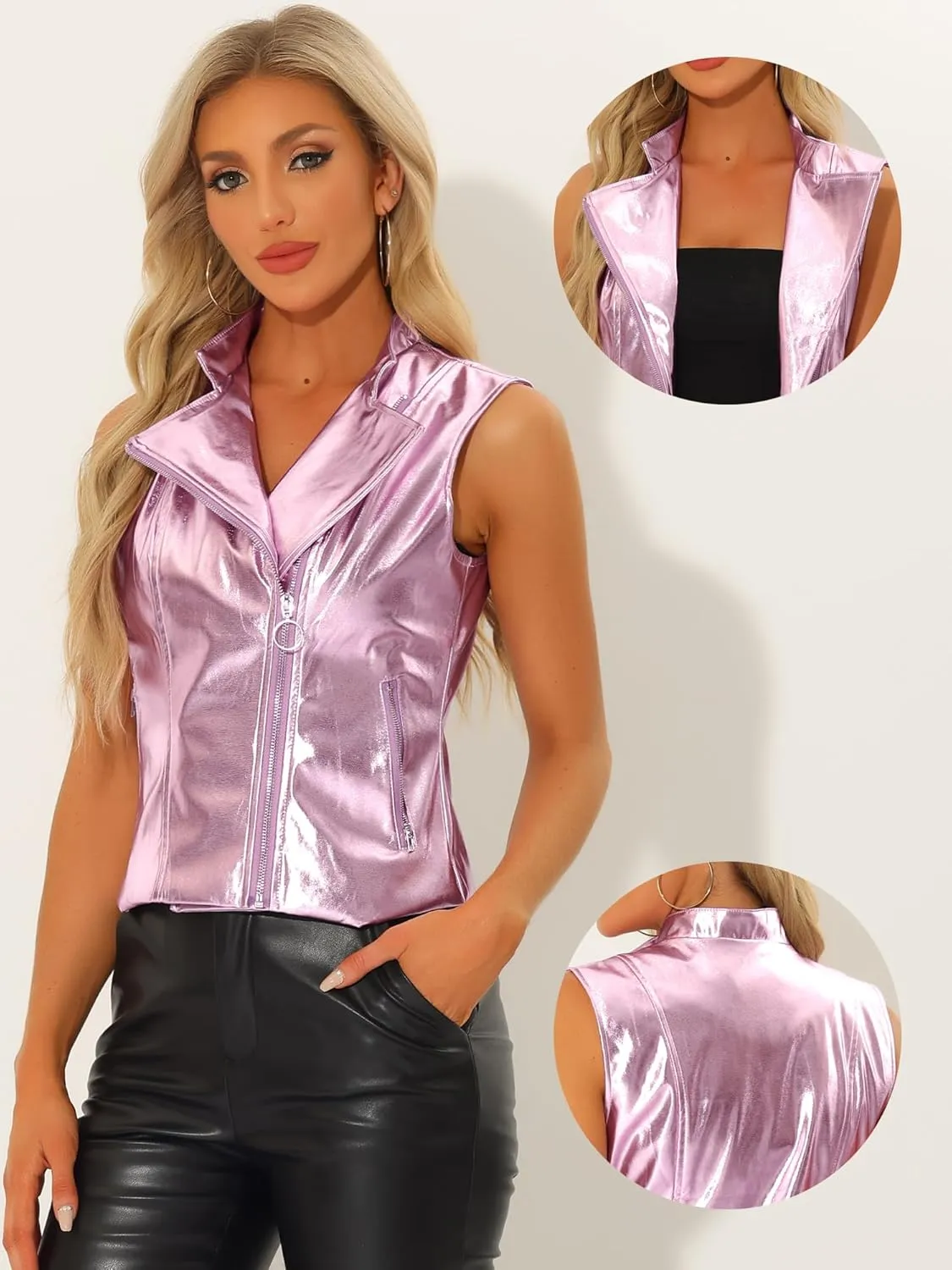 Allegra K 1980s Disco Jacket for Women's Metallic Holographic Shiny Stand Collar Sleeveless Faux Leather Vest