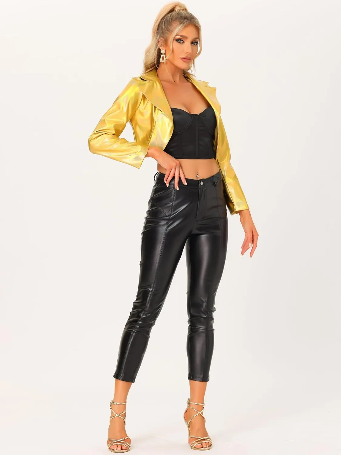 Allegra K Holographic Jackets for Women's Halloween Long Sleeve Lapel Crop Shiny Party Metallic Jacket