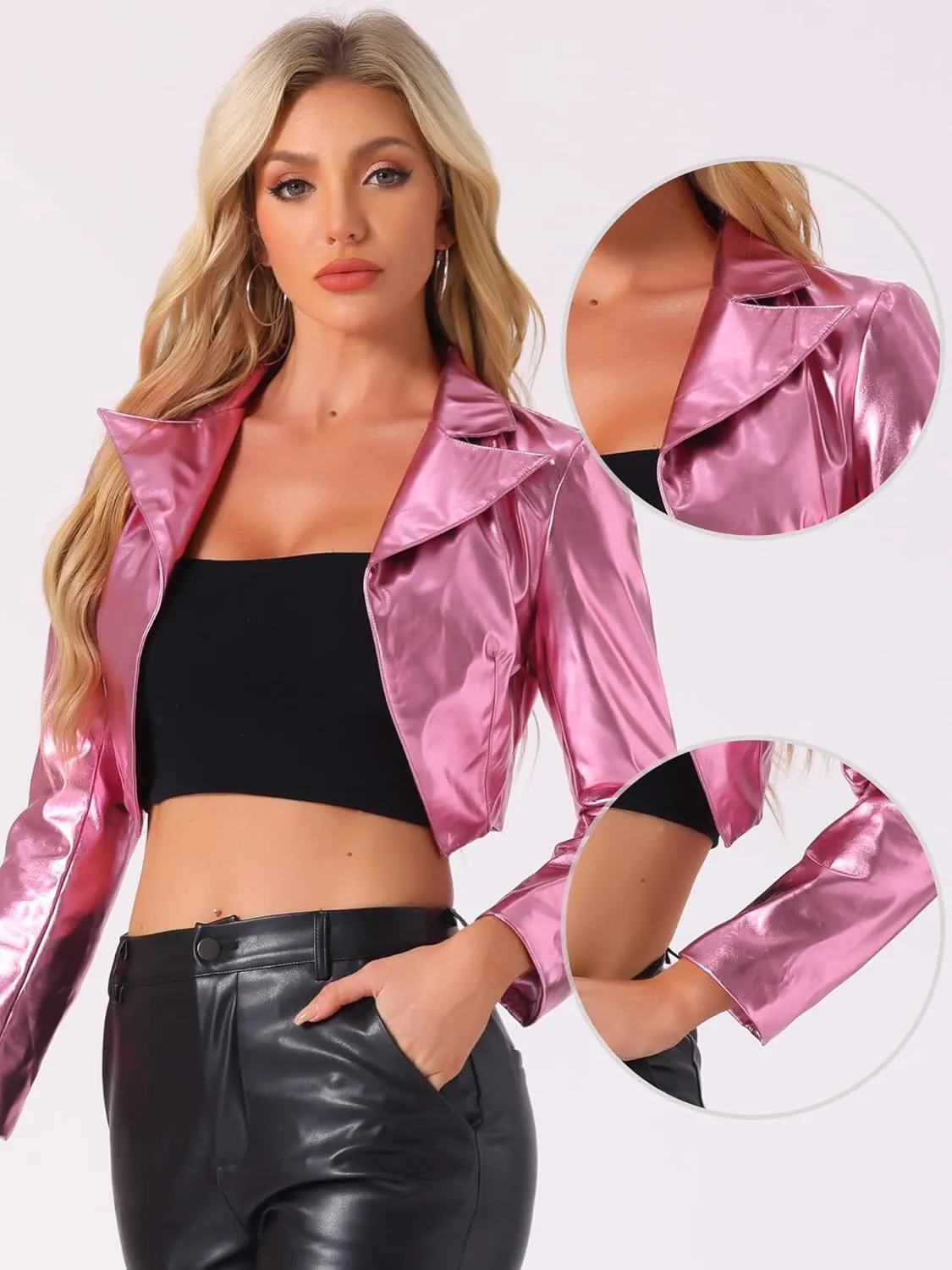 Allegra K Holographic Jackets for Women's Halloween Long Sleeve Lapel Crop Shiny Party Metallic Jacket