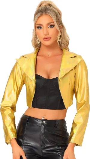 Allegra K Holographic Jackets for Women's Halloween Long Sleeve Lapel Crop Shiny Party Metallic Jacket