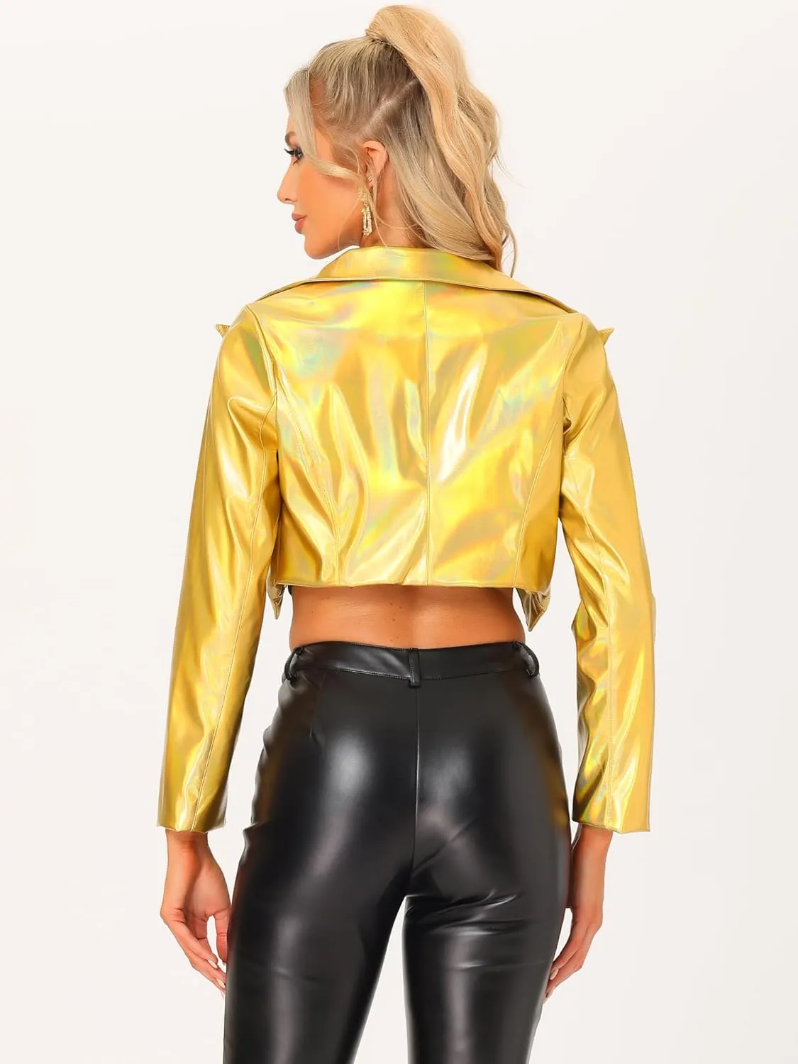 Allegra K Holographic Jackets for Women's Halloween Long Sleeve Lapel Crop Shiny Party Metallic Jacket