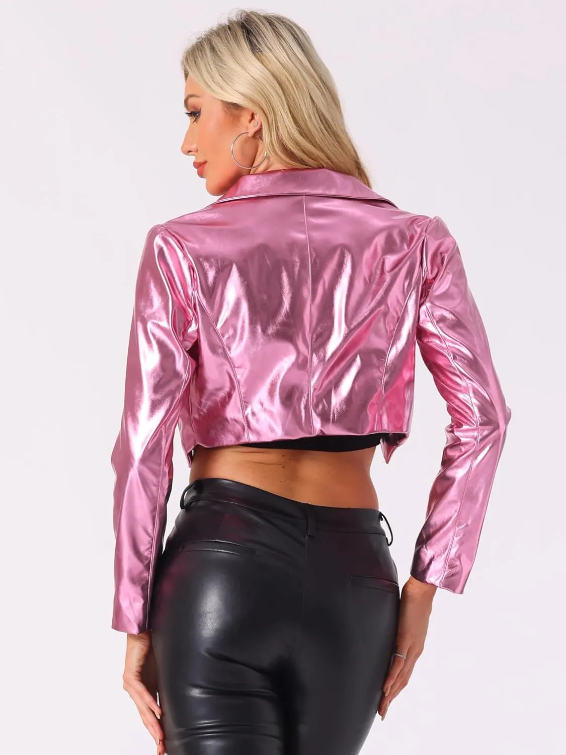 Allegra K Holographic Jackets for Women's Halloween Long Sleeve Lapel Crop Shiny Party Metallic Jacket
