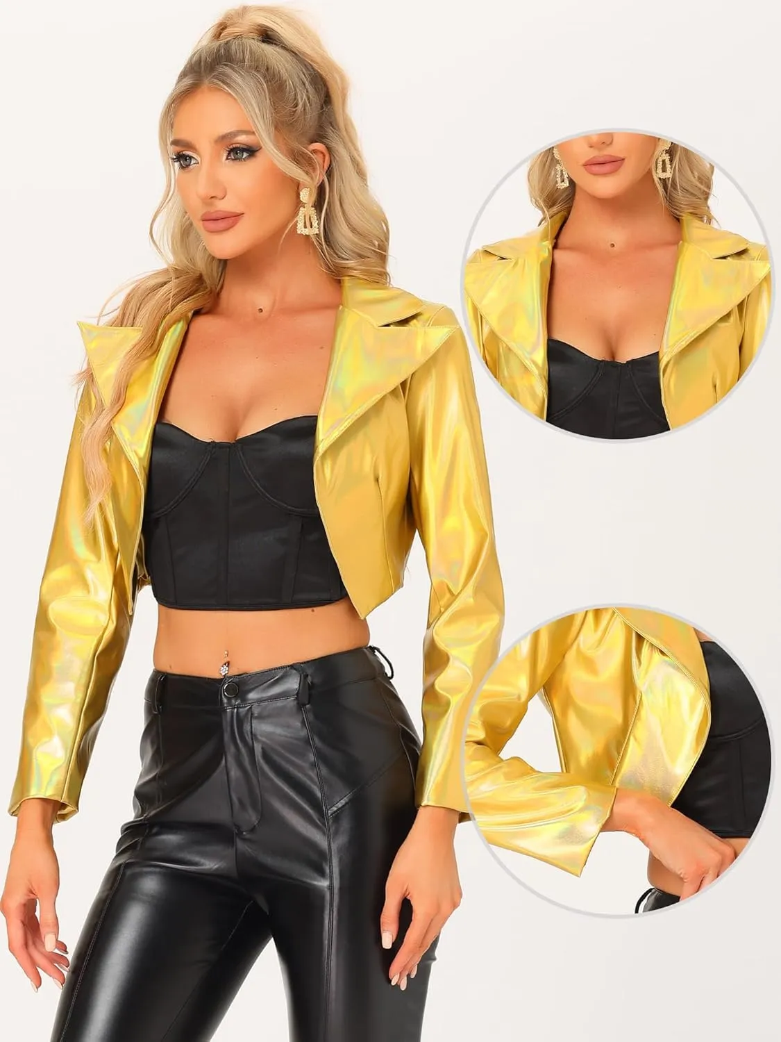 Allegra K Holographic Jackets for Women's Halloween Long Sleeve Lapel Crop Shiny Party Metallic Jacket