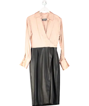 Anthropologie Black Long-sleeve V-neck Mockable Faux Leather Satin Midi Dress UK 10