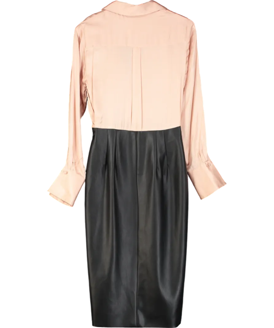 Anthropologie Black Long-sleeve V-neck Mockable Faux Leather Satin Midi Dress UK 10