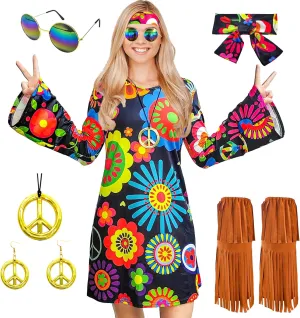 ATAMET 60s 70s Outfits for Women Hippie Costume Disco Dress,Halloween Party Dress Set
