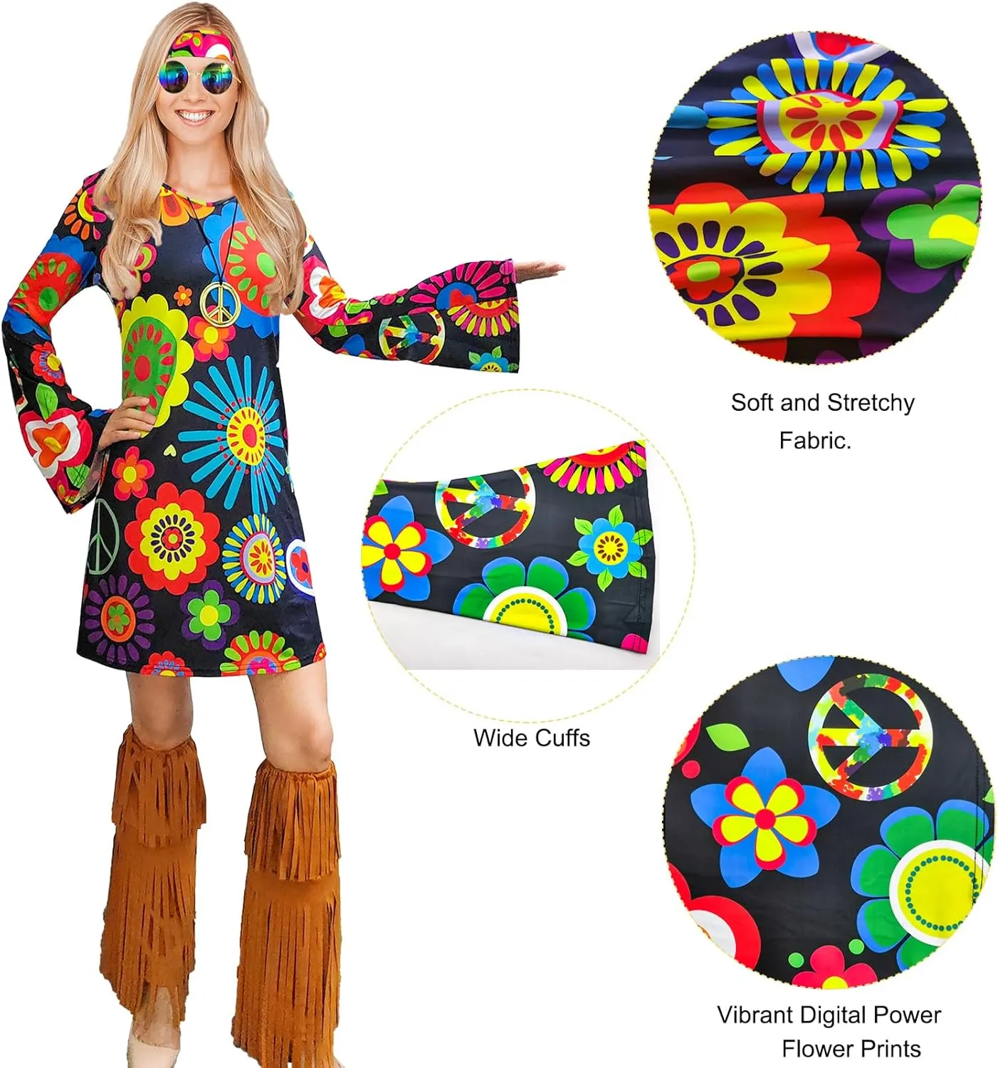 ATAMET 60s 70s Outfits for Women Hippie Costume Disco Dress,Halloween Party Dress Set