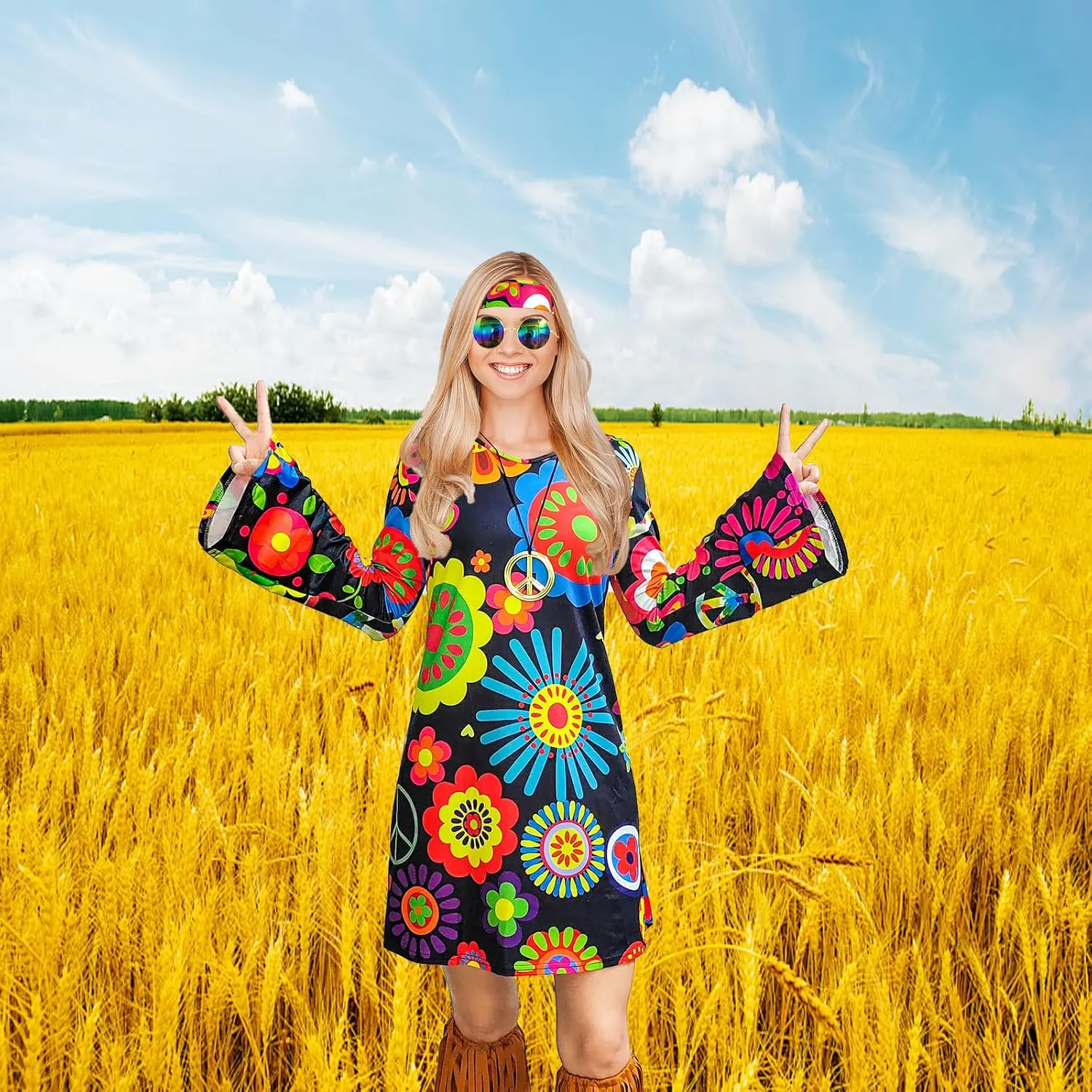 ATAMET 60s 70s Outfits for Women Hippie Costume Disco Dress,Halloween Party Dress Set