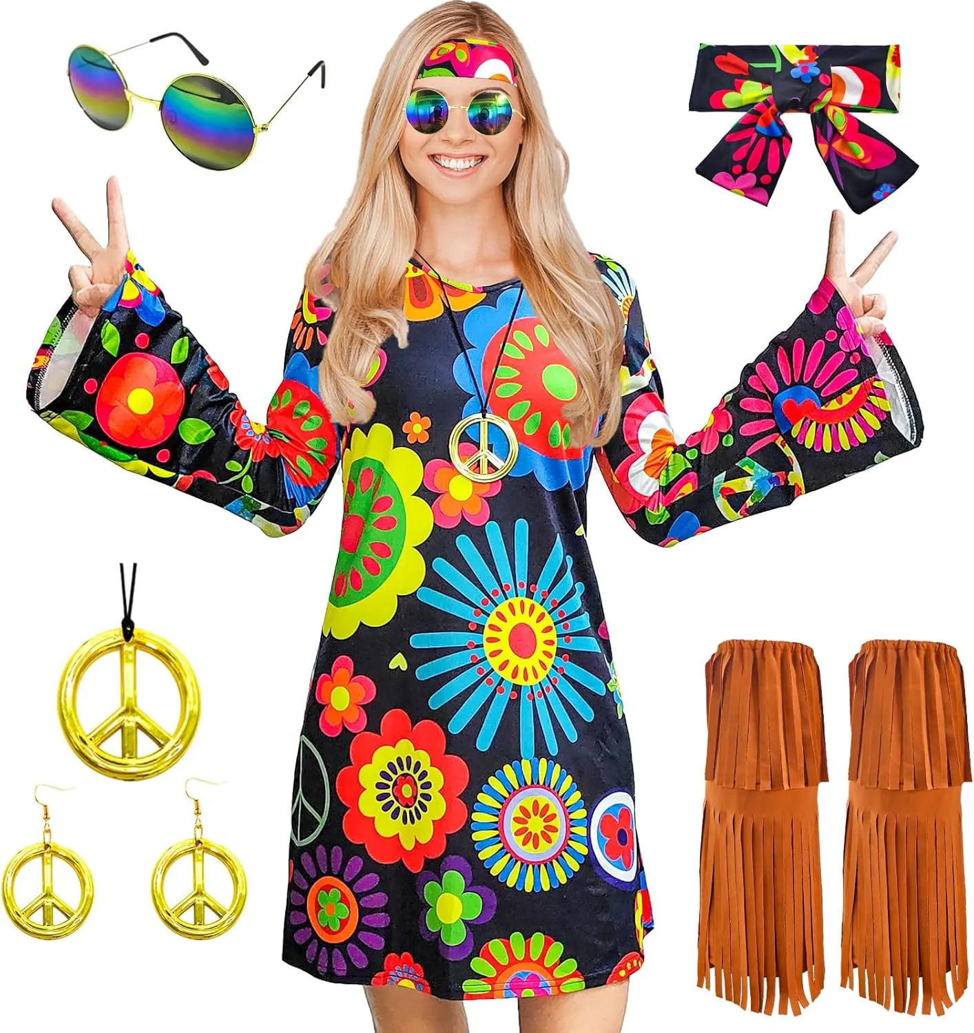 ATAMET 60s 70s Outfits for Women Hippie Costume Disco Dress,Halloween Party Dress Set