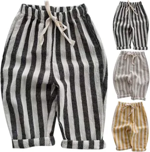 Boy's Classic Casual Pull on Pants Thin Cotton Stripe Elastics Waist Spring Summer Trousers Long Pants Youth Joggers