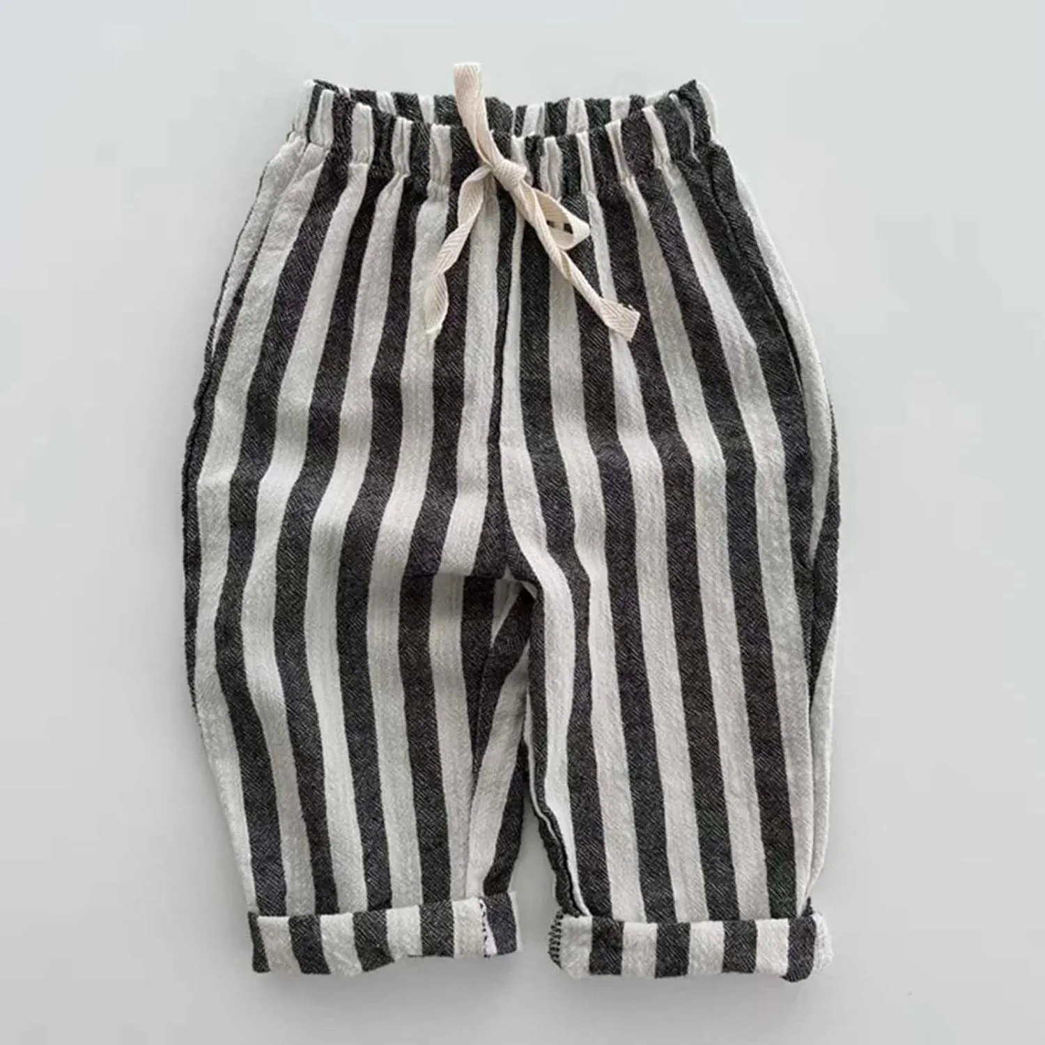 Boy's Classic Casual Pull on Pants Thin Cotton Stripe Elastics Waist Spring Summer Trousers Long Pants Youth Joggers