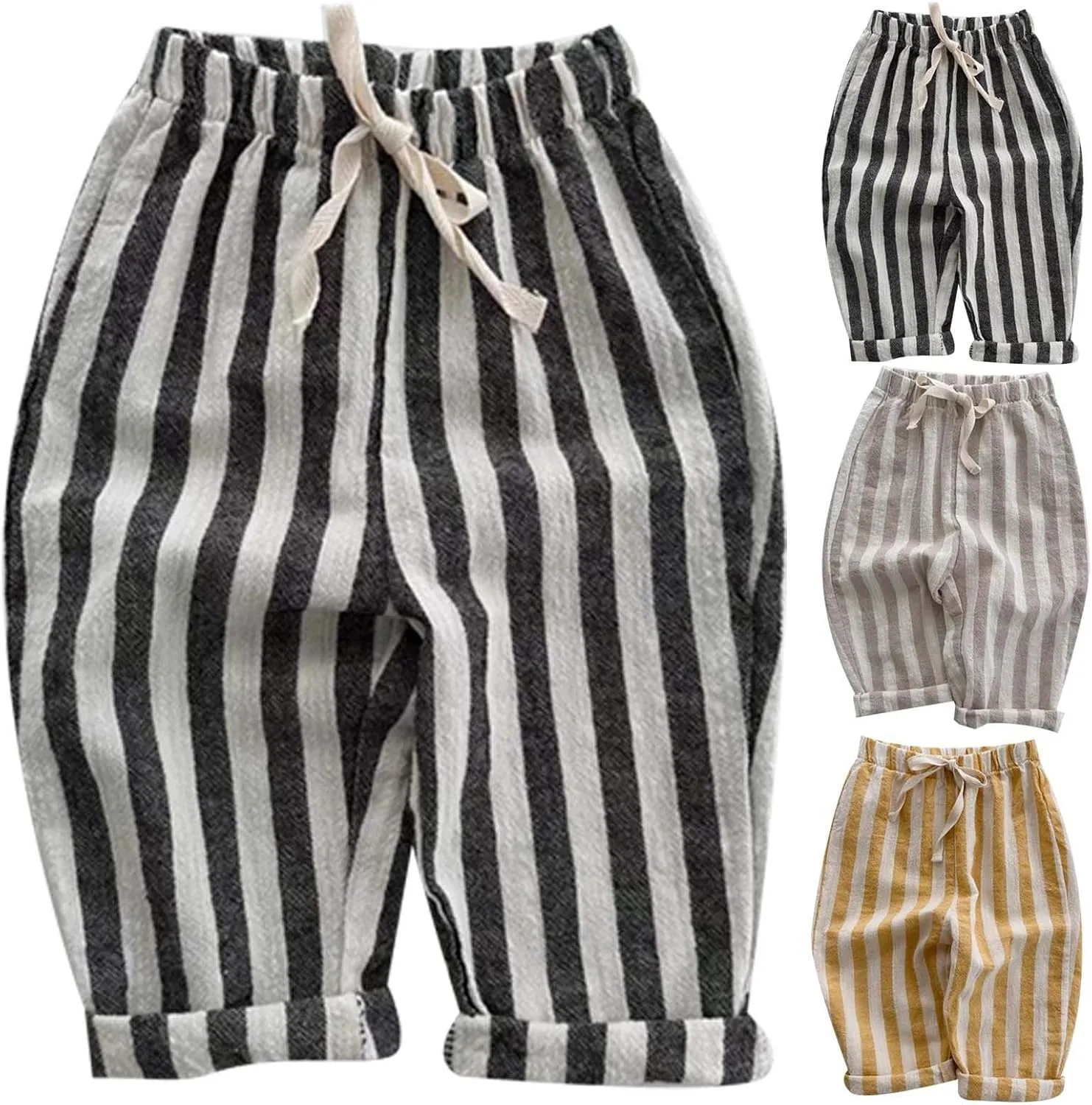 Boy's Classic Casual Pull on Pants Thin Cotton Stripe Elastics Waist Spring Summer Trousers Long Pants Youth Joggers