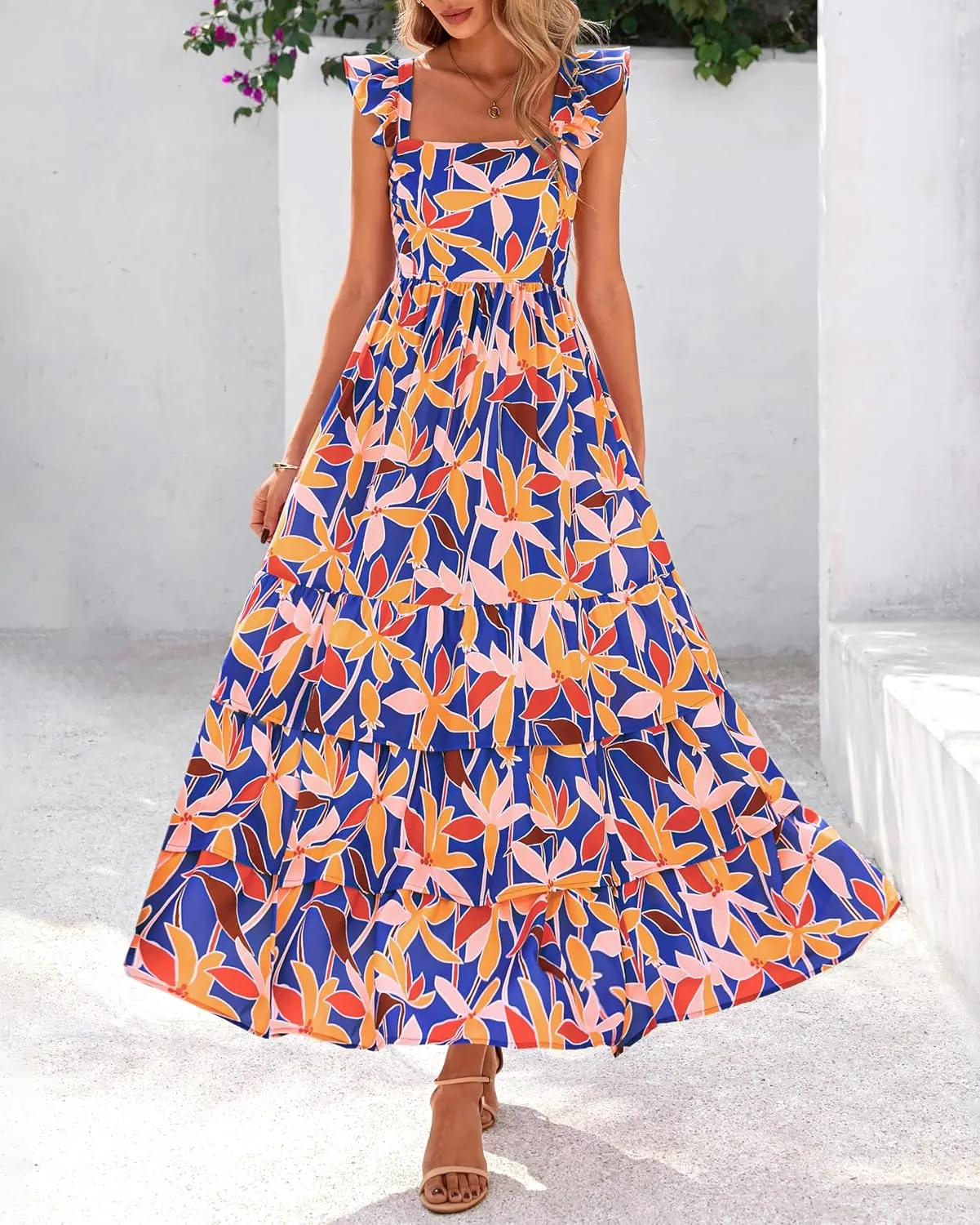 dowerme Summer Dresses for Women 2025 Casual Ruffle Smocked Tiered A-Line Boho Floral Maxi Beach Sun Dress with Pockets
