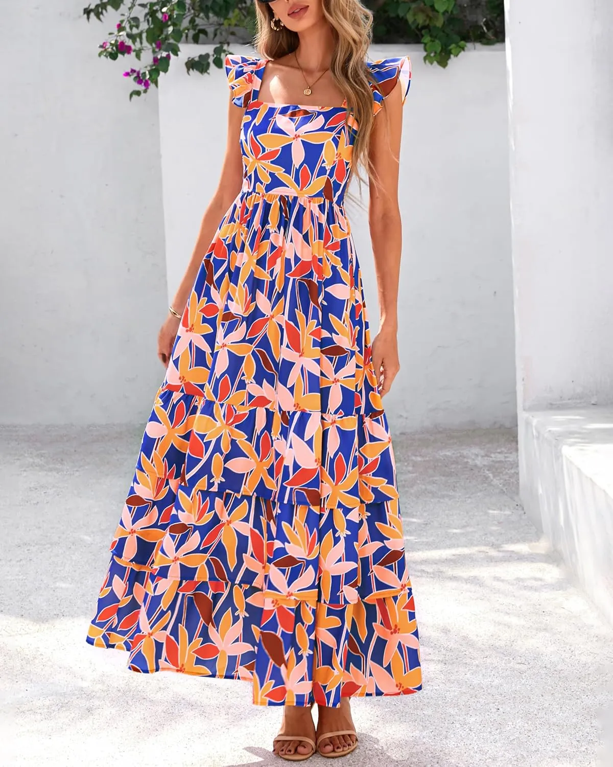dowerme Summer Dresses for Women 2025 Casual Ruffle Smocked Tiered A-Line Boho Floral Maxi Beach Sun Dress with Pockets