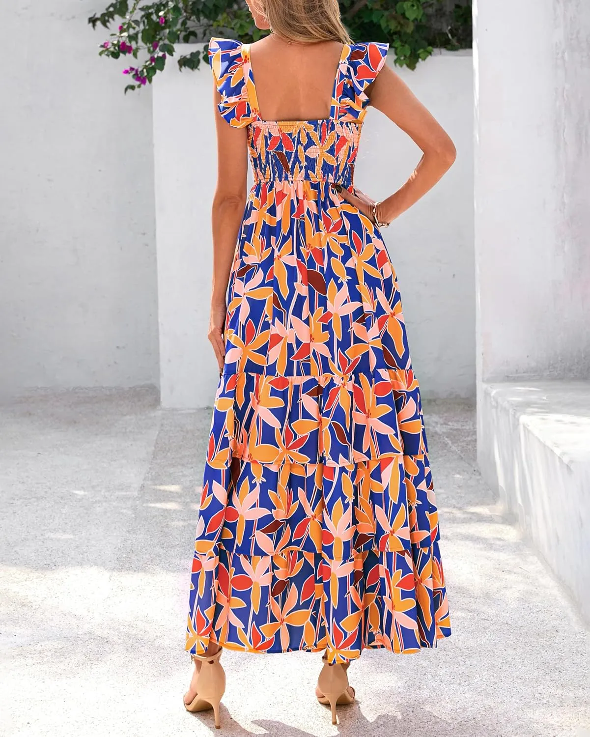 dowerme Summer Dresses for Women 2025 Casual Ruffle Smocked Tiered A-Line Boho Floral Maxi Beach Sun Dress with Pockets