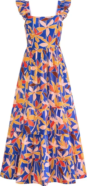 dowerme Summer Dresses for Women 2025 Casual Ruffle Smocked Tiered A-Line Boho Floral Maxi Beach Sun Dress with Pockets