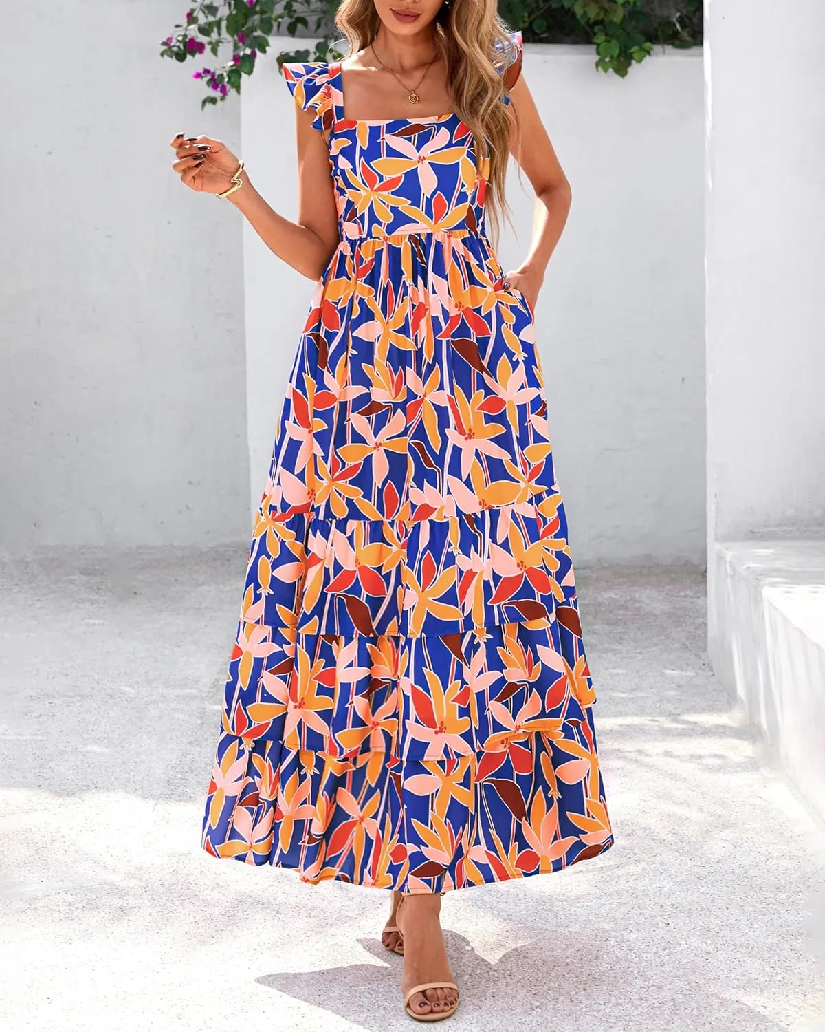 dowerme Summer Dresses for Women 2025 Casual Ruffle Smocked Tiered A-Line Boho Floral Maxi Beach Sun Dress with Pockets
