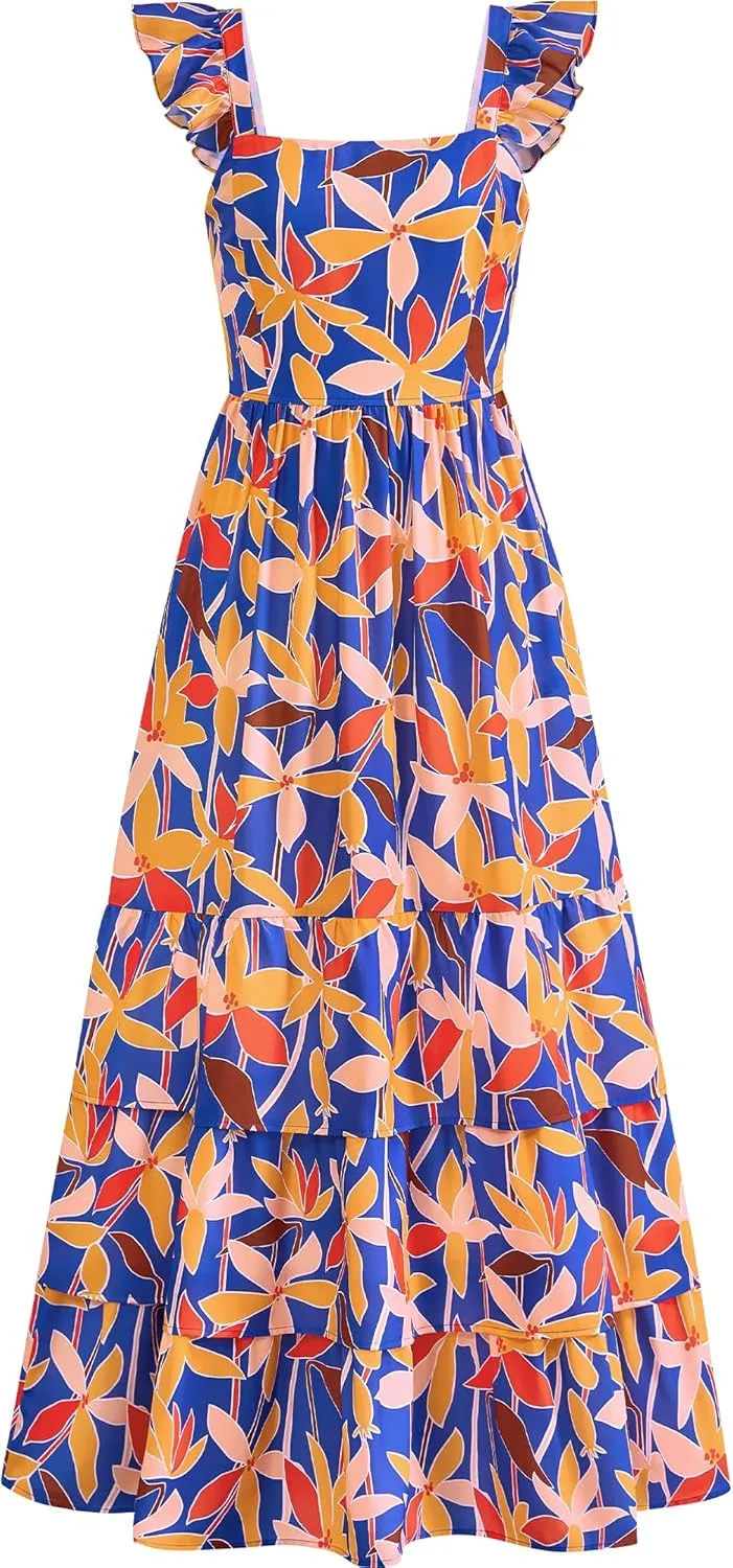 dowerme Summer Dresses for Women 2025 Casual Ruffle Smocked Tiered A-Line Boho Floral Maxi Beach Sun Dress with Pockets