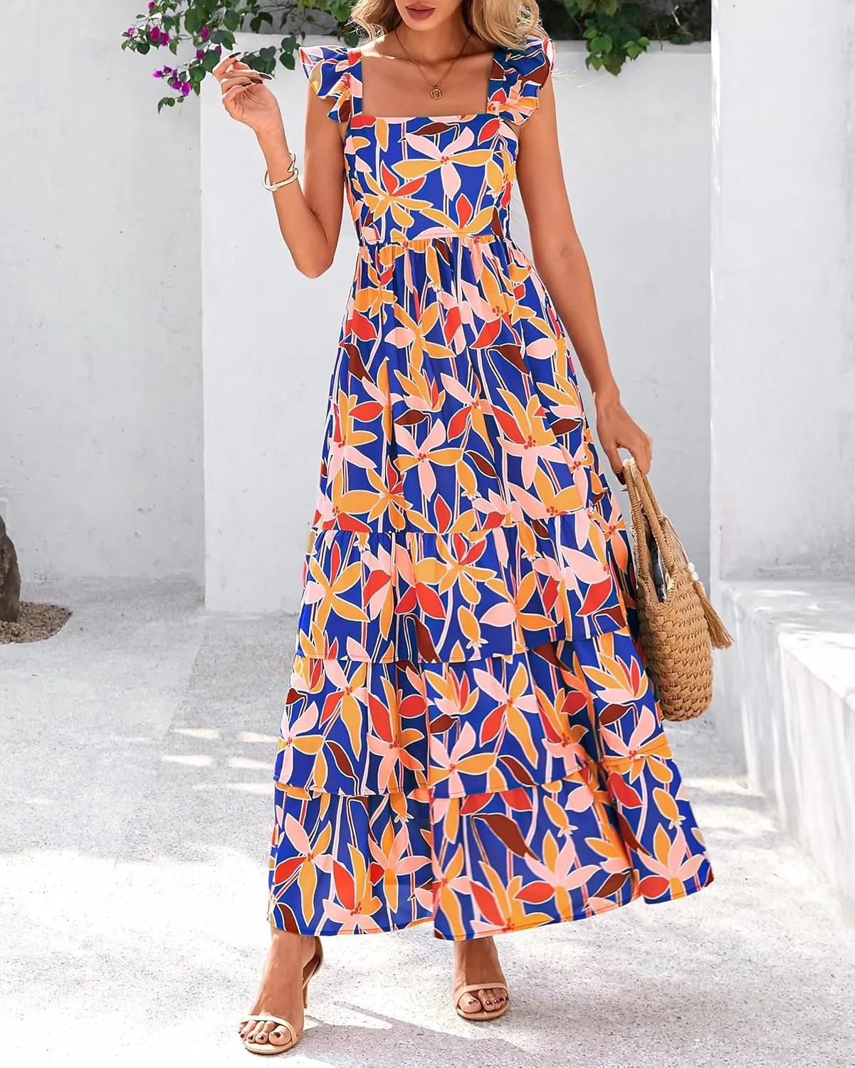 dowerme Summer Dresses for Women 2025 Casual Ruffle Smocked Tiered A-Line Boho Floral Maxi Beach Sun Dress with Pockets