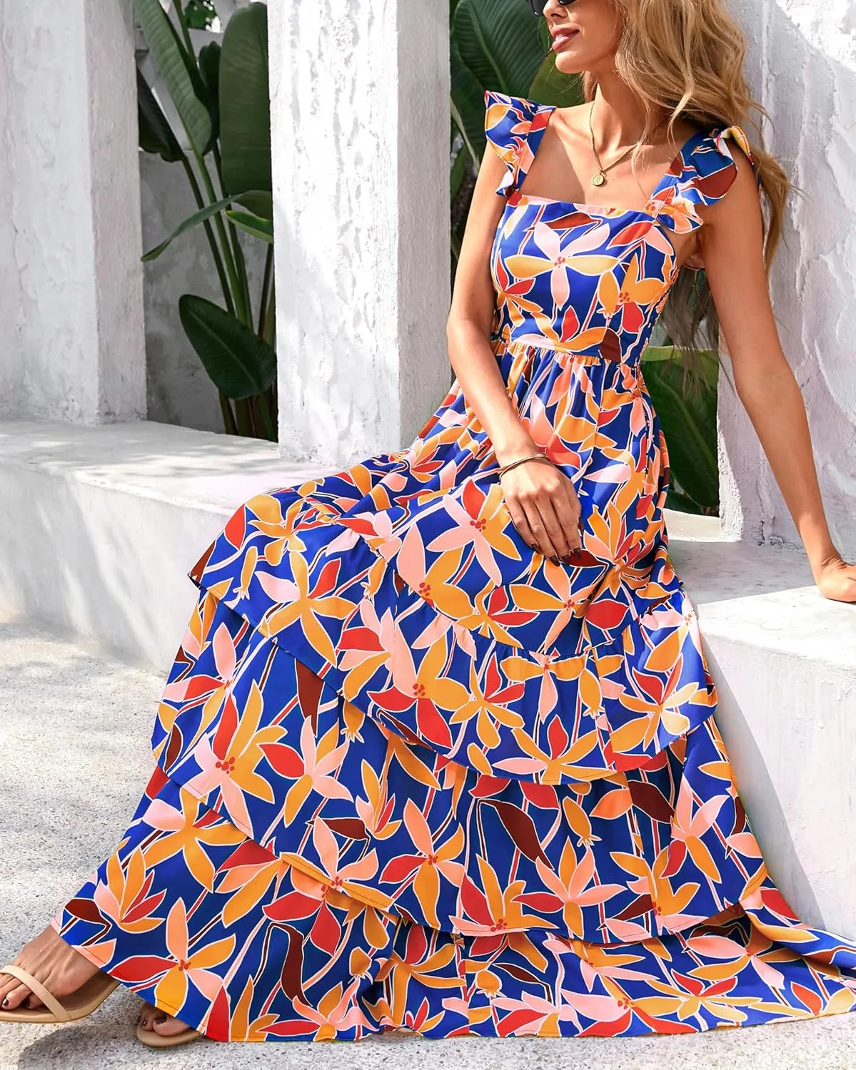dowerme Summer Dresses for Women 2025 Casual Ruffle Smocked Tiered A-Line Boho Floral Maxi Beach Sun Dress with Pockets