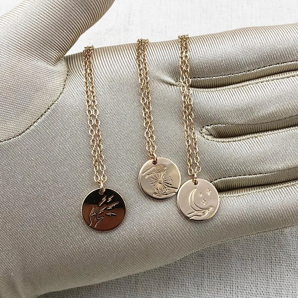 Engraved Mystic Symbols Disk Pendant Necklace