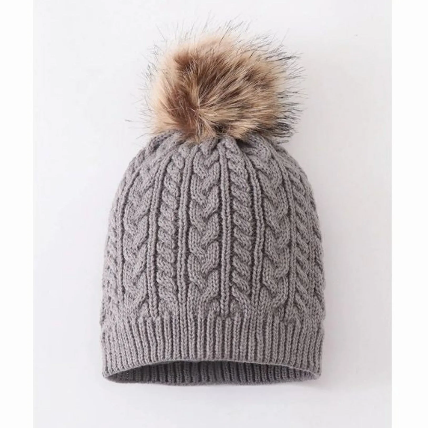 Grey cable knit pom pom child beanie hat