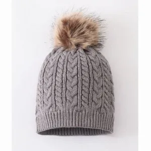 Grey cable knit pom pom child beanie hat