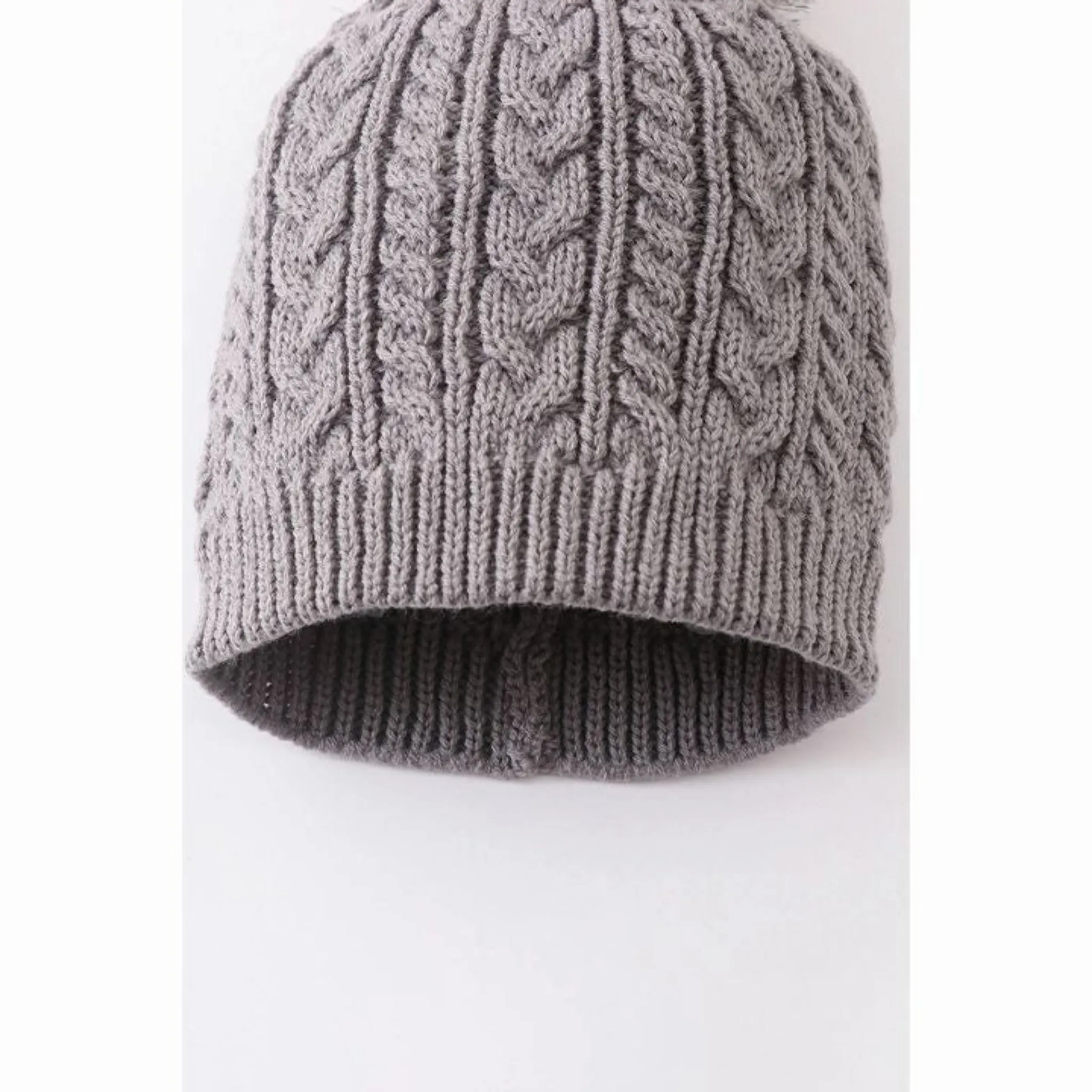 Grey cable knit pom pom child beanie hat