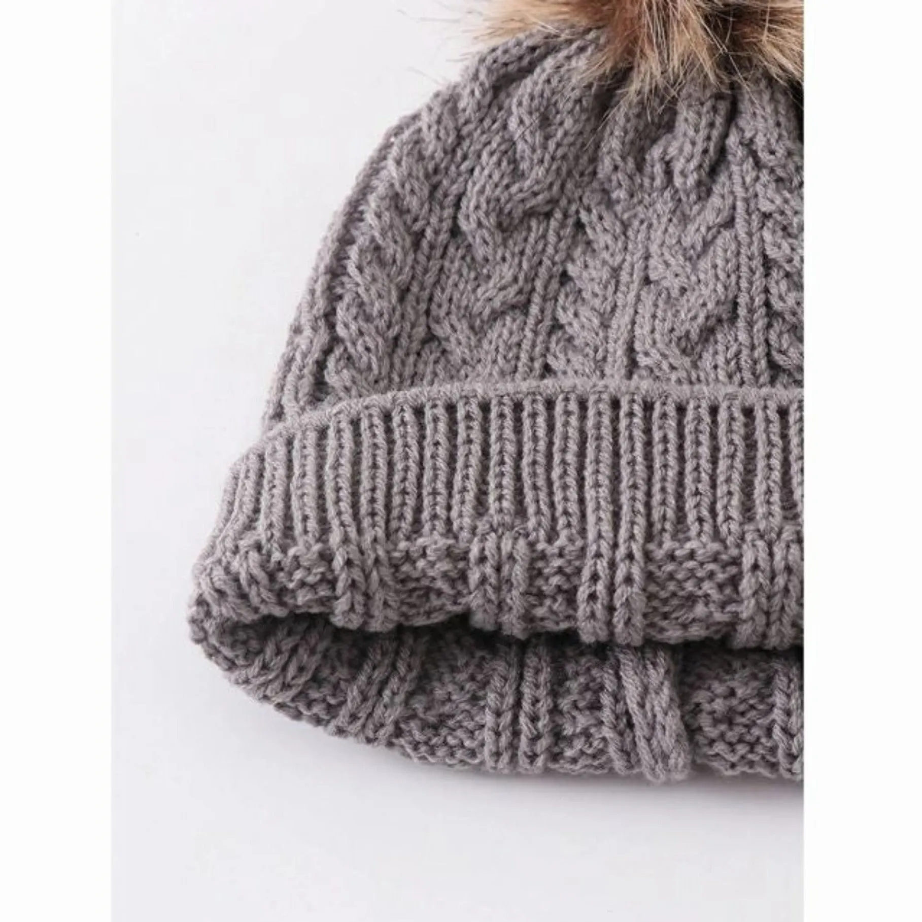 Grey cable knit pom pom child beanie hat