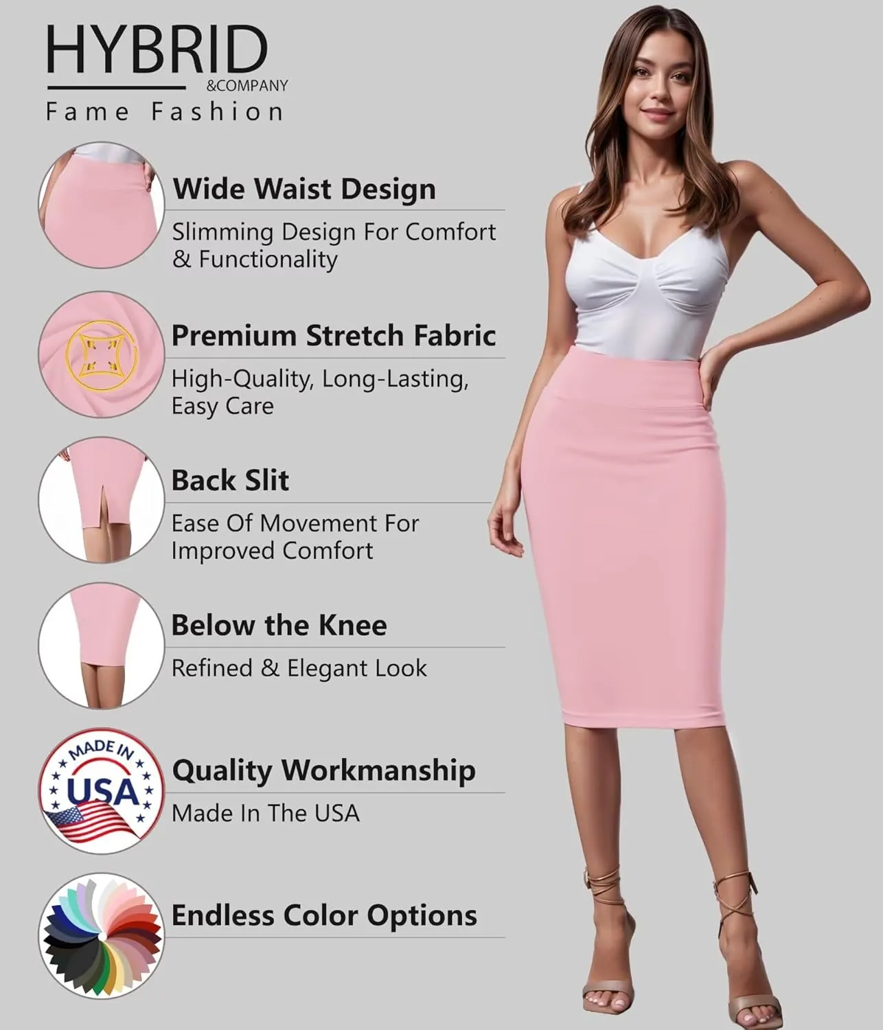Hybrid & Company Women's Premium Nylon Ponte Stretch High Waist Pencil Suit Skirt Below Knee