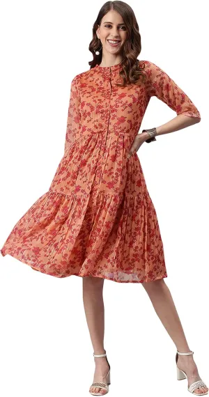 Janasya Women's Orange Flowy Floral Print Flared Midi Casual Evening wear Trendy Dress for Women
