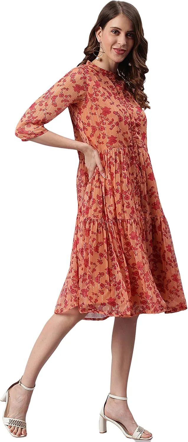 Janasya Women's Orange Flowy Floral Print Flared Midi Casual Evening wear Trendy Dress for Women