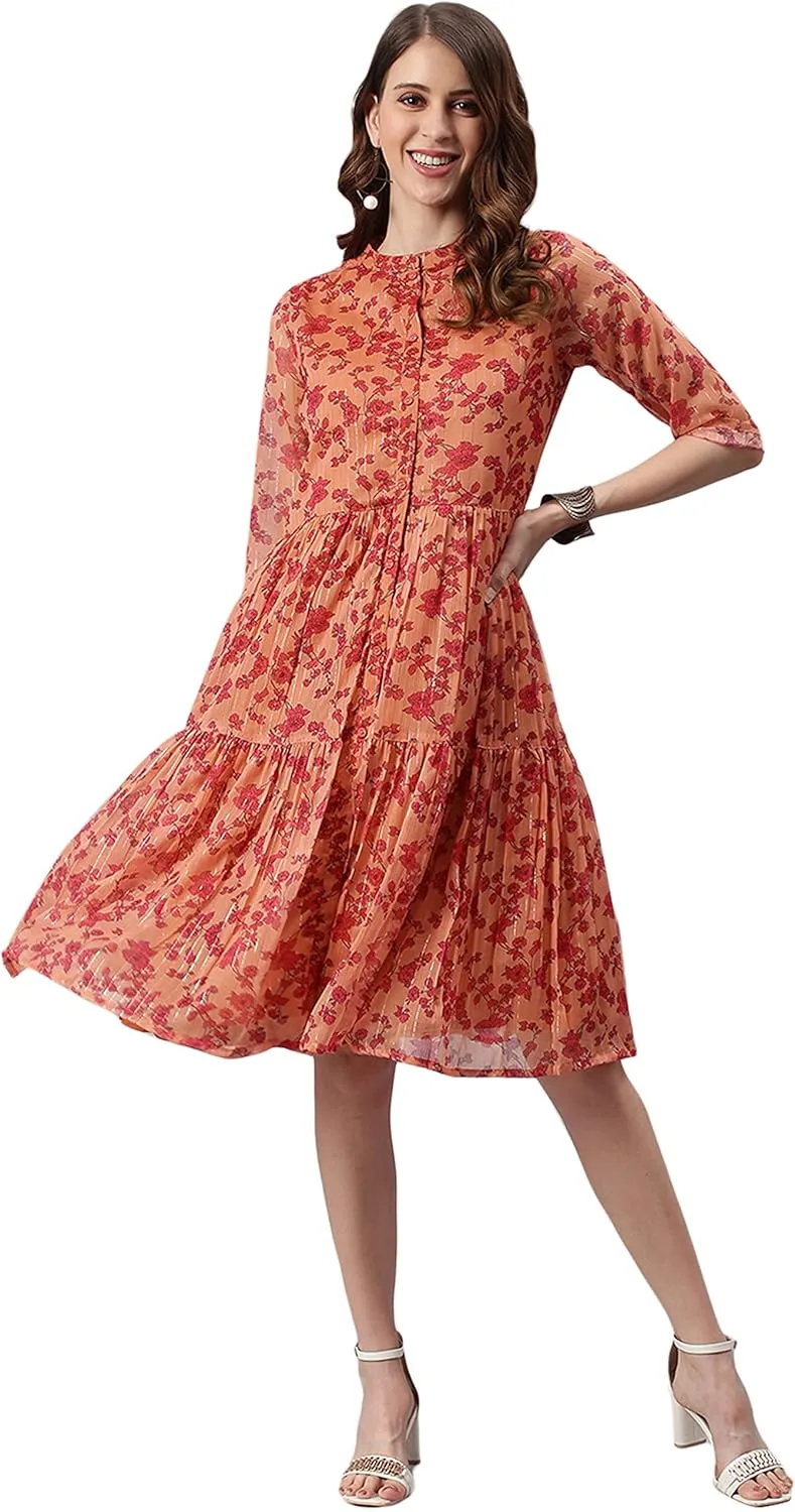 Janasya Women's Orange Flowy Floral Print Flared Midi Casual Evening wear Trendy Dress for Women