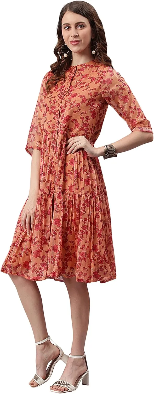 Janasya Women's Orange Flowy Floral Print Flared Midi Casual Evening wear Trendy Dress for Women