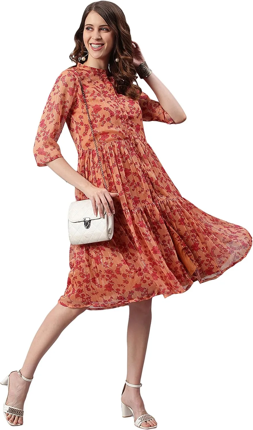 Janasya Women's Orange Flowy Floral Print Flared Midi Casual Evening wear Trendy Dress for Women