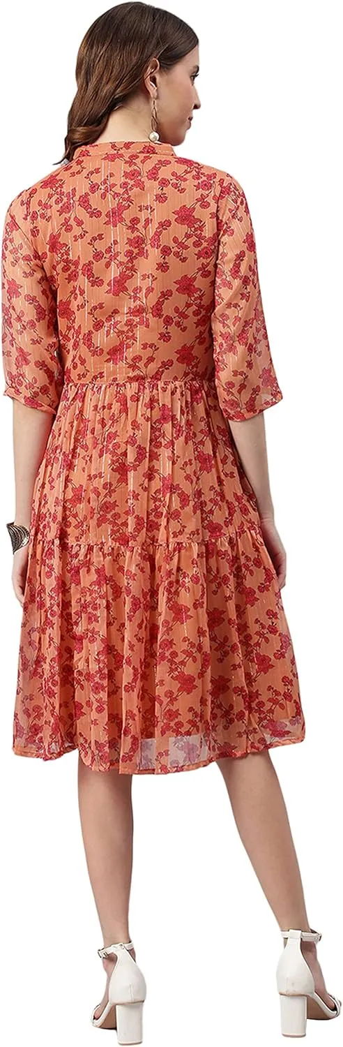 Janasya Women's Orange Flowy Floral Print Flared Midi Casual Evening wear Trendy Dress for Women
