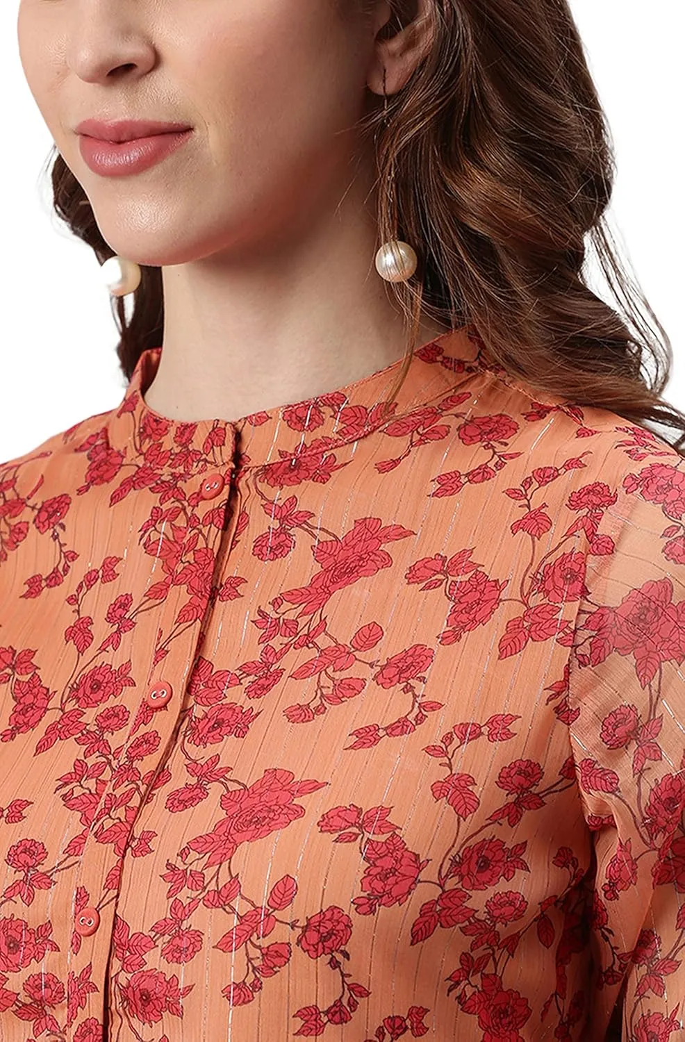 Janasya Women's Orange Flowy Floral Print Flared Midi Casual Evening wear Trendy Dress for Women