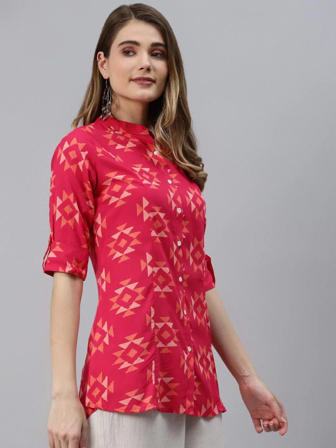 Jashvi Pink Geometric Print Rayon Shirt Style Top