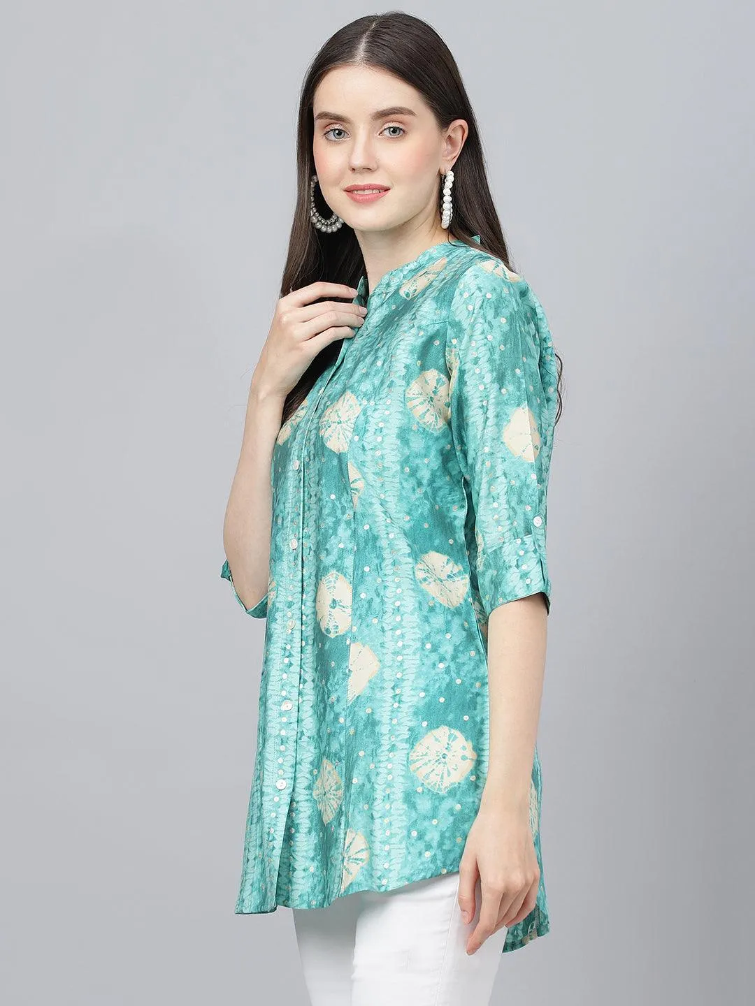 Jashvi Sea green Abstract Printed Modal A-Line Shirts Style Top