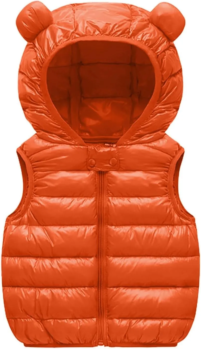 Kids Boys Girls Winter Warm Down Padded Vest Hooded Zipper Sleeveless Jacket aistcoat Outwear (Orange, 12-18 Months)