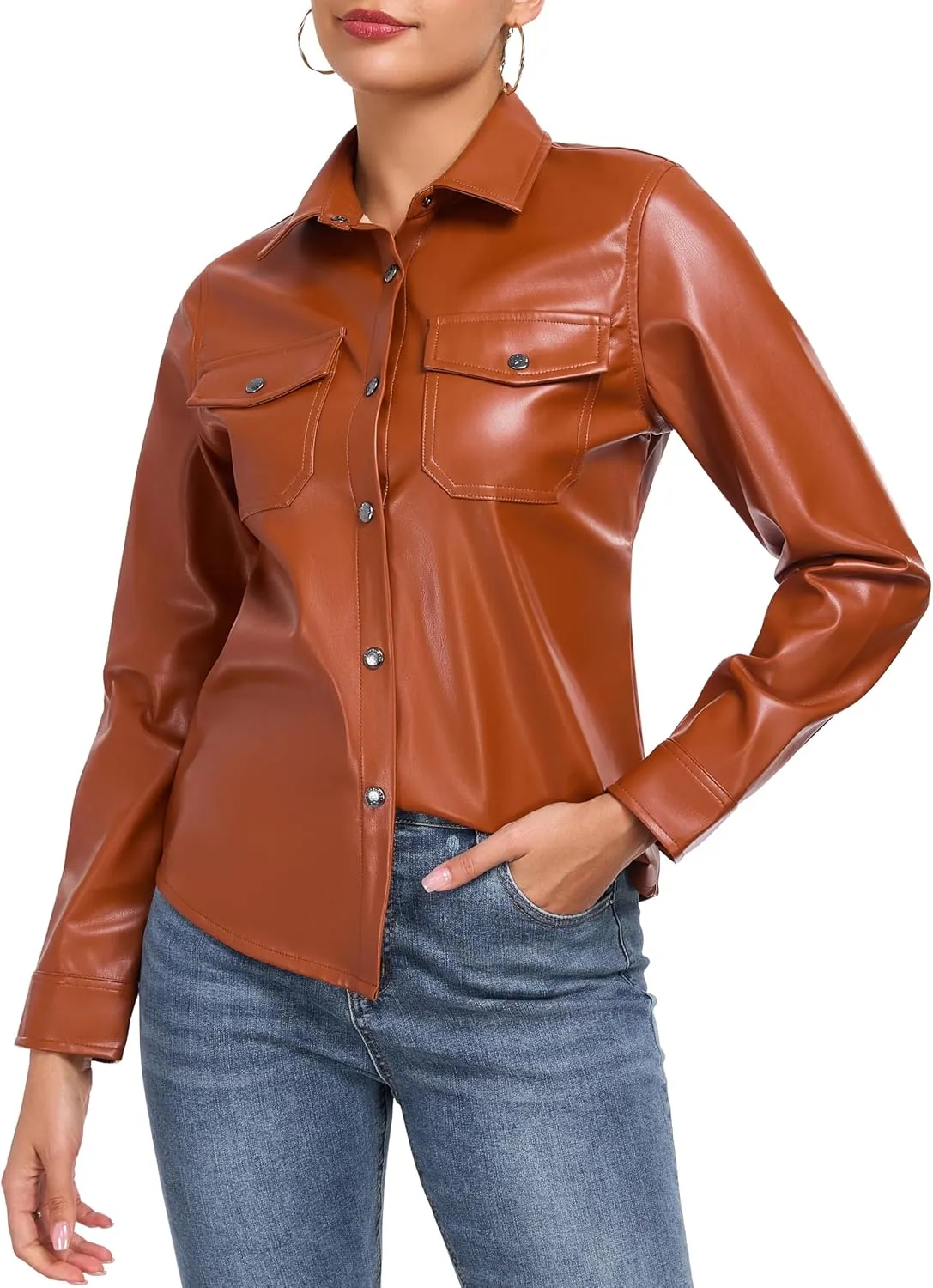 Little Donkey Andy Women's Leather Jacket Long Sleeve Waterproof Stretch Faux Leather Jacket for Women Outwear Casual