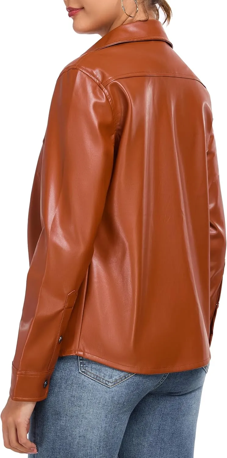 Little Donkey Andy Women's Leather Jacket Long Sleeve Waterproof Stretch Faux Leather Jacket for Women Outwear Casual