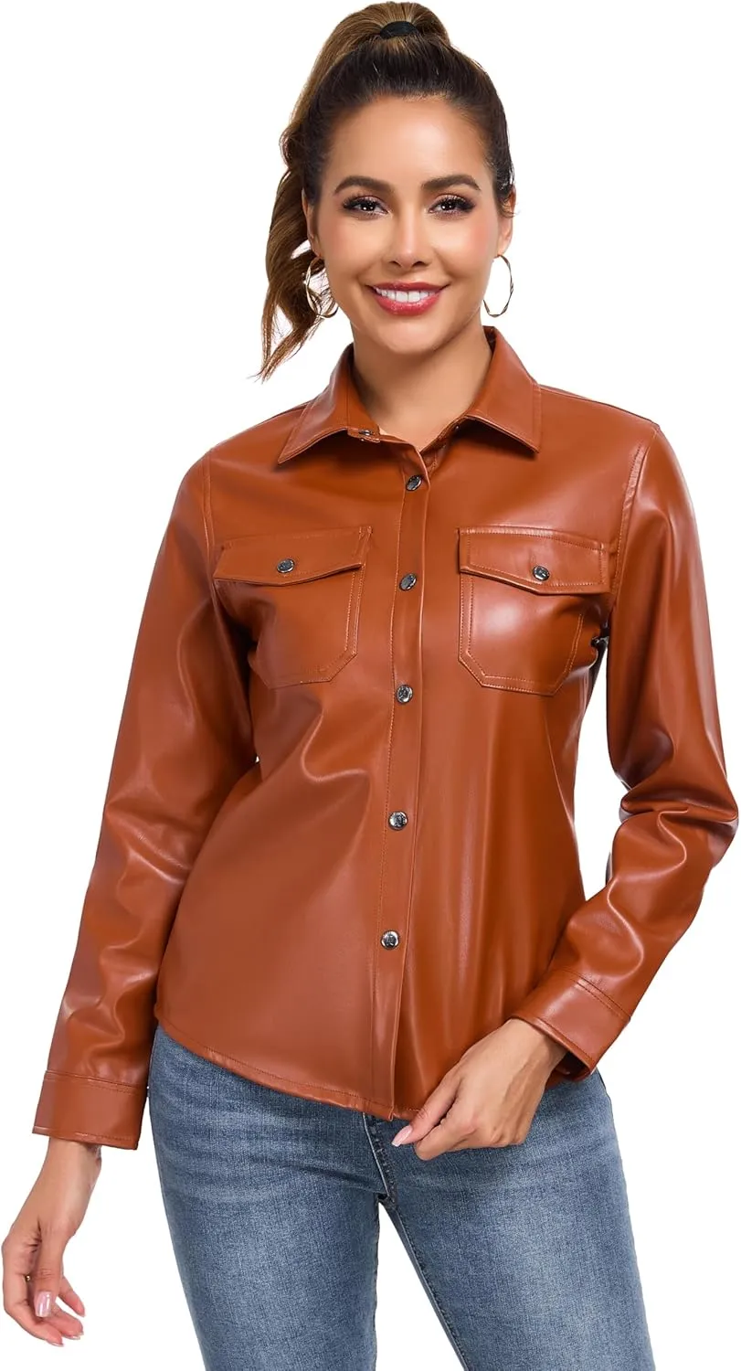 Little Donkey Andy Women's Leather Jacket Long Sleeve Waterproof Stretch Faux Leather Jacket for Women Outwear Casual