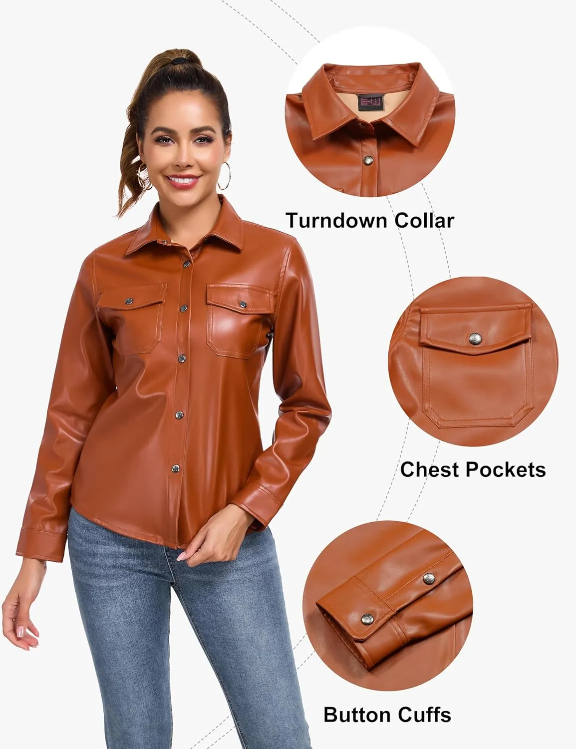 Little Donkey Andy Women's Leather Jacket Long Sleeve Waterproof Stretch Faux Leather Jacket for Women Outwear Casual