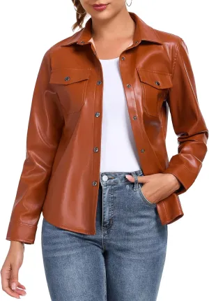 Little Donkey Andy Women's Leather Jacket Long Sleeve Waterproof Stretch Faux Leather Jacket for Women Outwear Casual