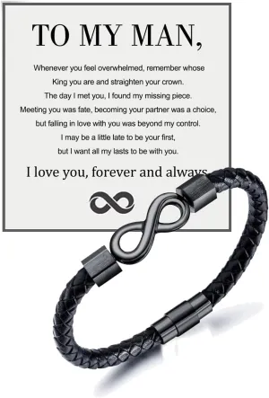 LIU JUN To My Man Bracelet For Men, Infinity Leather Braided Husband Birthday Inspirational Gifts From Wife I Love You Forever And Always Handmade Wristband Christmas Boyfriend Jewelry