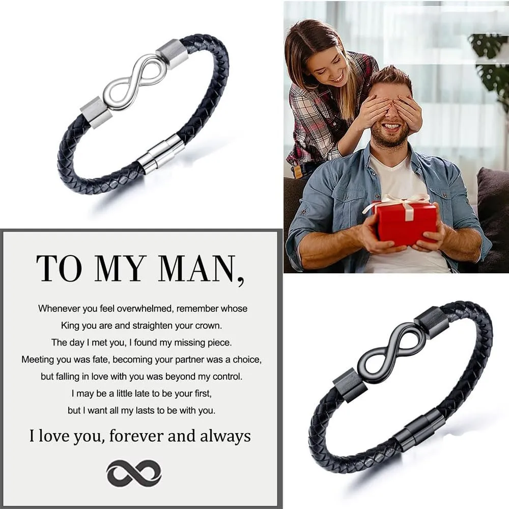 LIU JUN To My Man Bracelet For Men, Infinity Leather Braided Husband Birthday Inspirational Gifts From Wife I Love You Forever And Always Handmade Wristband Christmas Boyfriend Jewelry